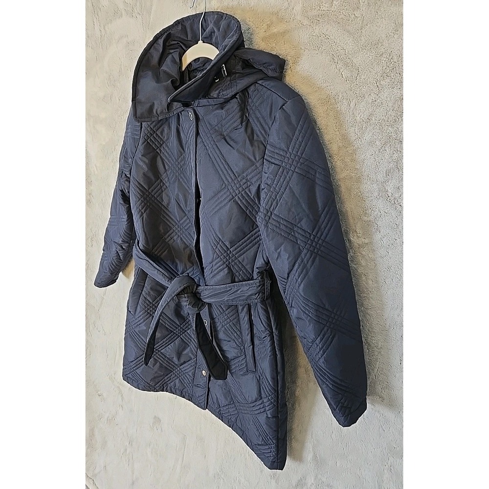 Jones‎ New York Wms Sz Medium Quilted Hooded Belted Coat Navy Blue Medium Weight